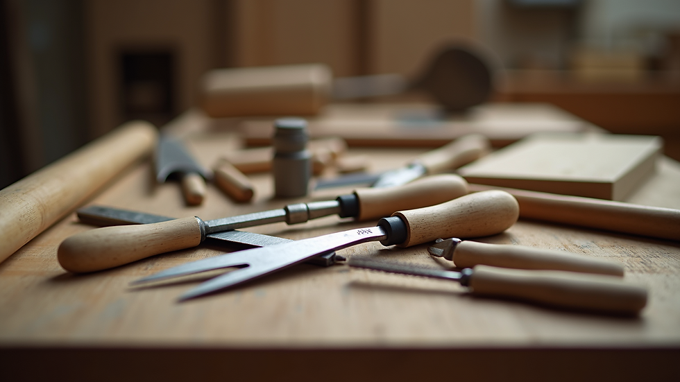 Close-up view of carpentry tools laid out on a wooden workbench