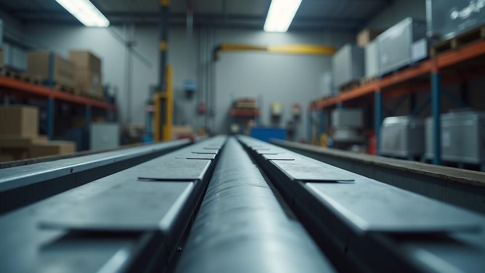 Eye-level view of metal HVAC ductwork pieces arranged in a workshop