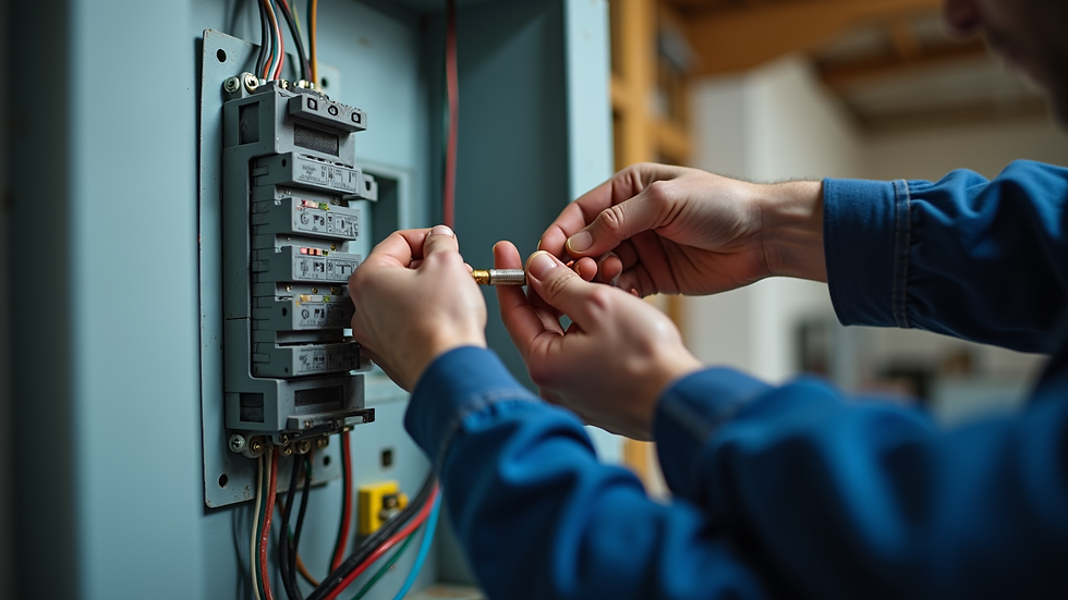 Close-up view of an electrician wiring a circuit breaker panel