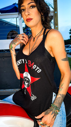 73 MoTo 'Dapper Head' Women's Plunging Scoop Neck Black Tank Top