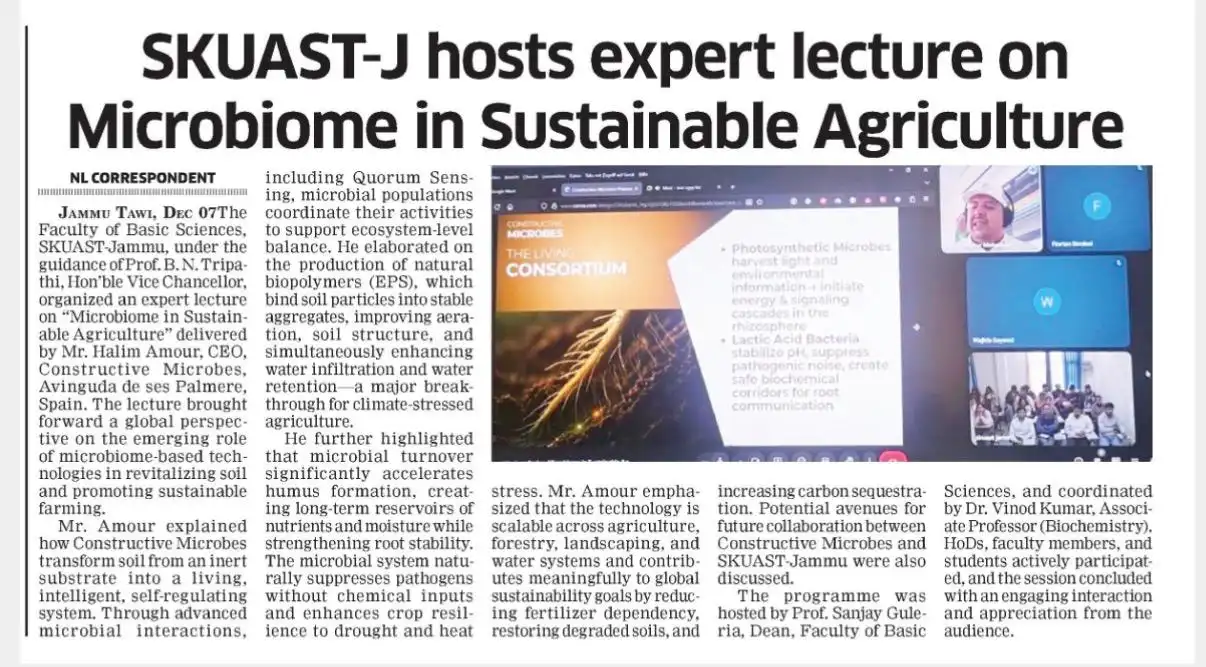 The Northlines article: “SKUAST-J hosts expert lecture on Microbiome in Sustainable Agriculture”, highlighting Halim Amour Mohamed and the soil microbiome.