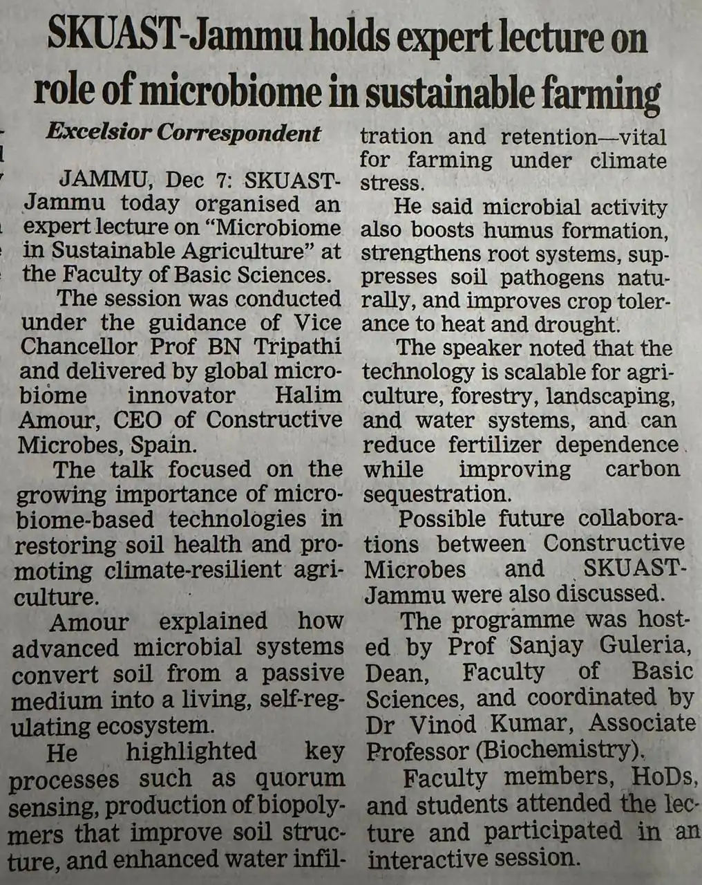 Daily Excelsior newspaper clipping reporting on the expert lecture “Role of Microbiome in Sustainable Farming” at SKUAST-Jammu with Constructive Microbes.