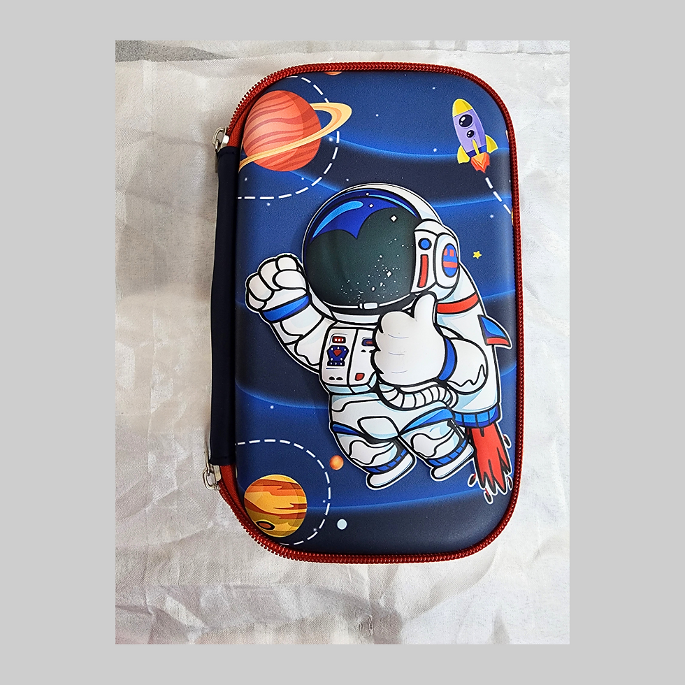 Blue pouch with cartoon astronaut floating among planets