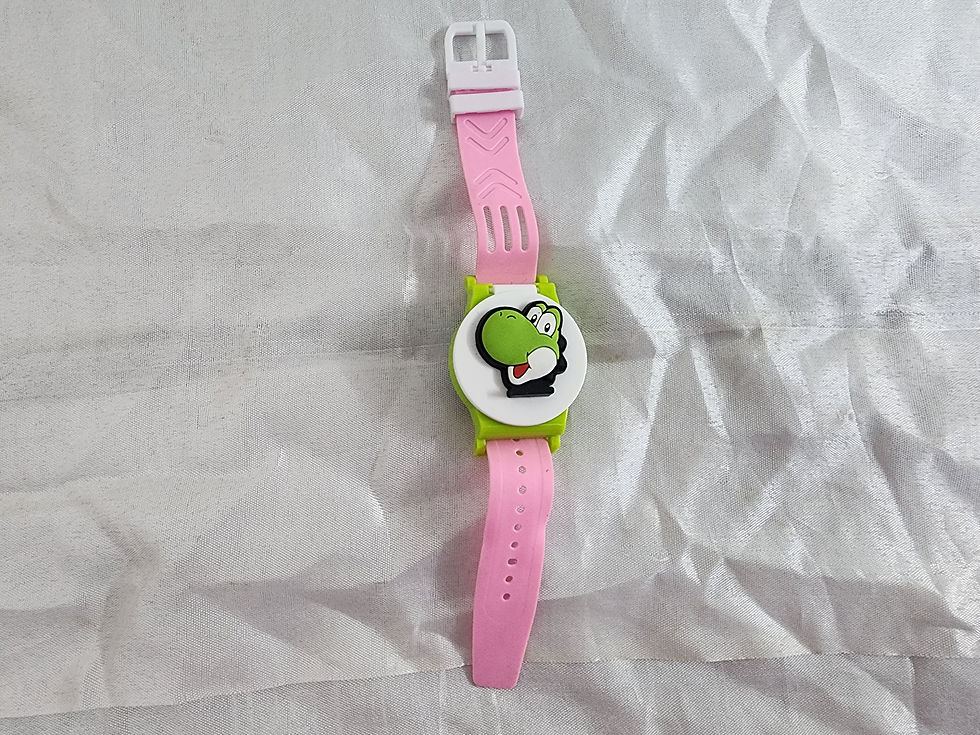 Set of four Super Mario character watches, one with open flip cover showing a digital display