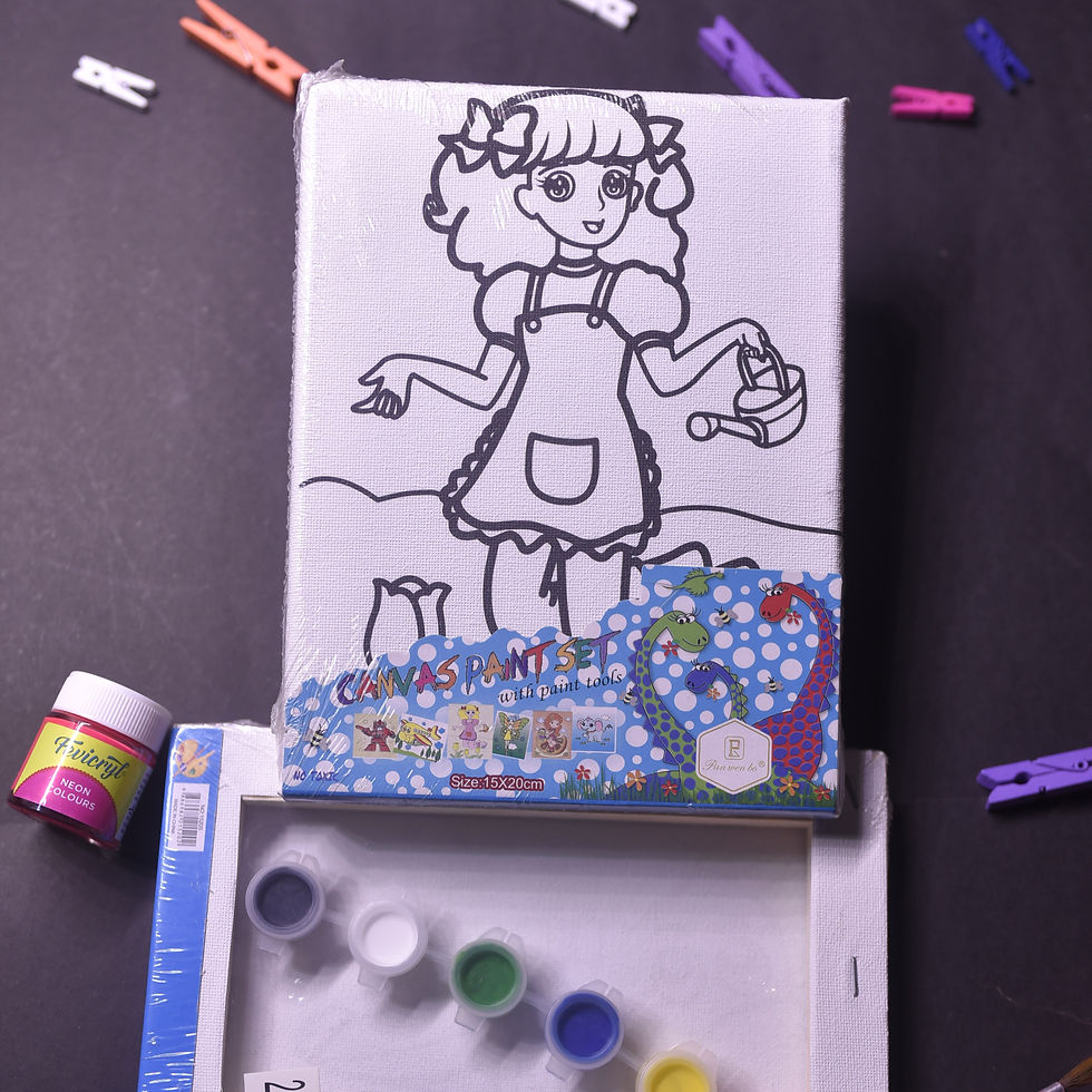 Canvas painting kit with girl in apron design and 6 paint pots