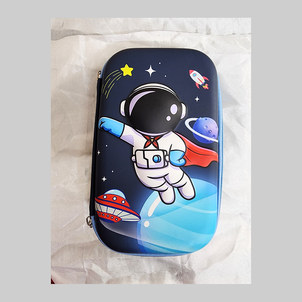 Blue space pouch with cartoon astronaut and colorful planets