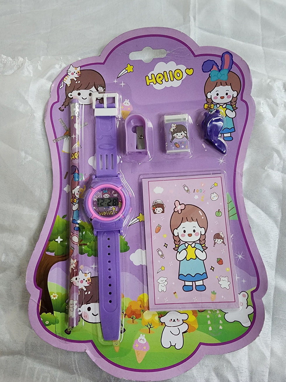Thumbnail: Purple kids stationery set with digital watch and girl cartoon theme