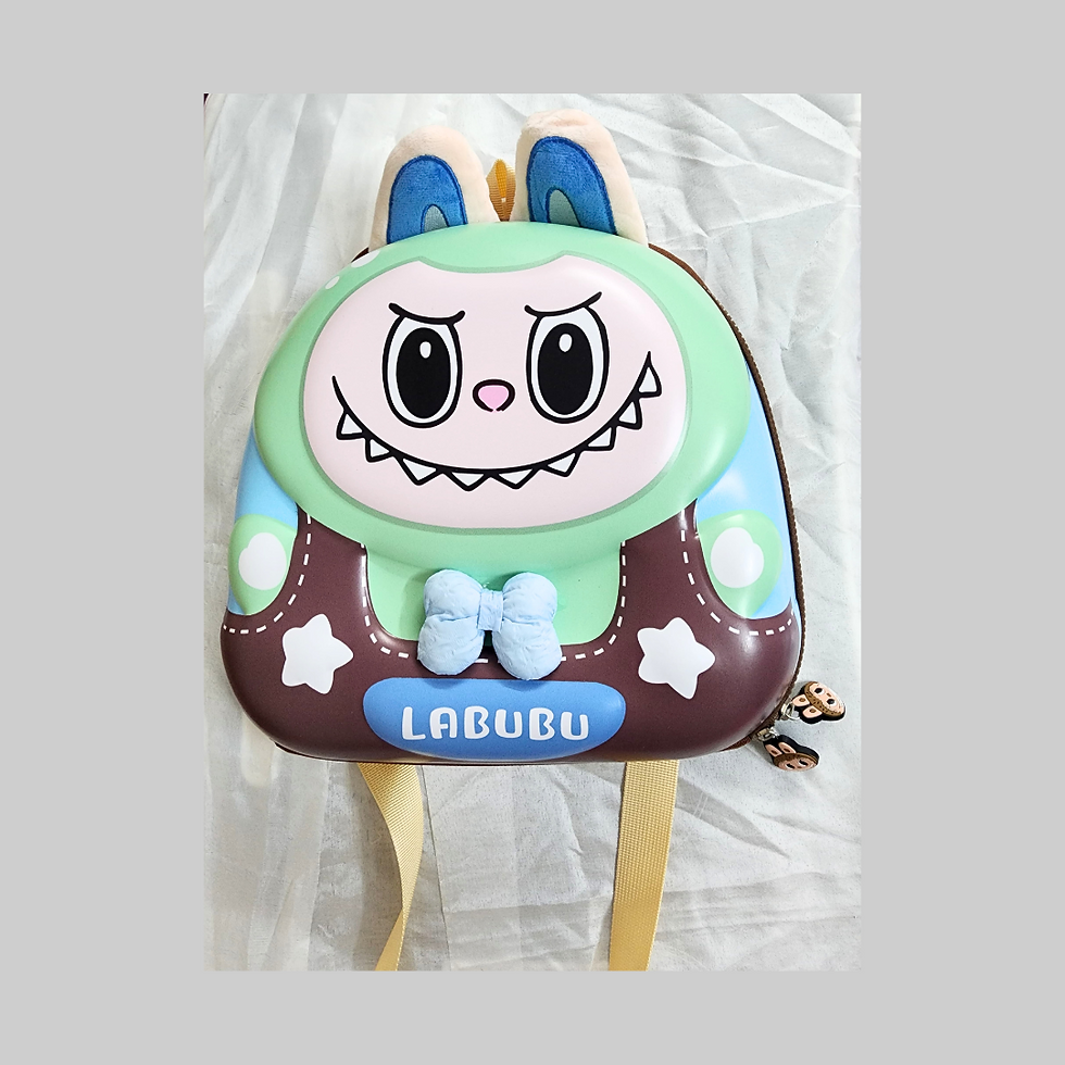 Green Labubu kids' backpack with angry cartoon face and bunny ears.