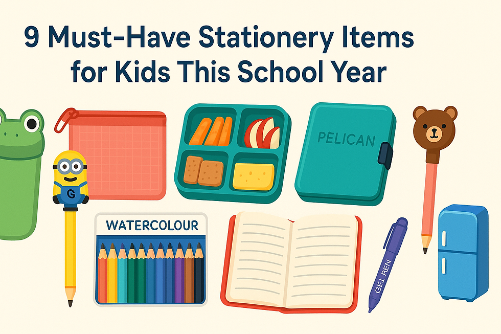 Illustration showing 9 kids’ stationery items on a beige background with the title “9 Must-Have Stationery Items for Kids This School Year.” Items include a frog water bottle, red mesh pouch, Minion pencil, lunchbox, teal Pelican pencil box, bear pencil, watercolor set, notebook, gel pen, and fridge-shaped eraser.