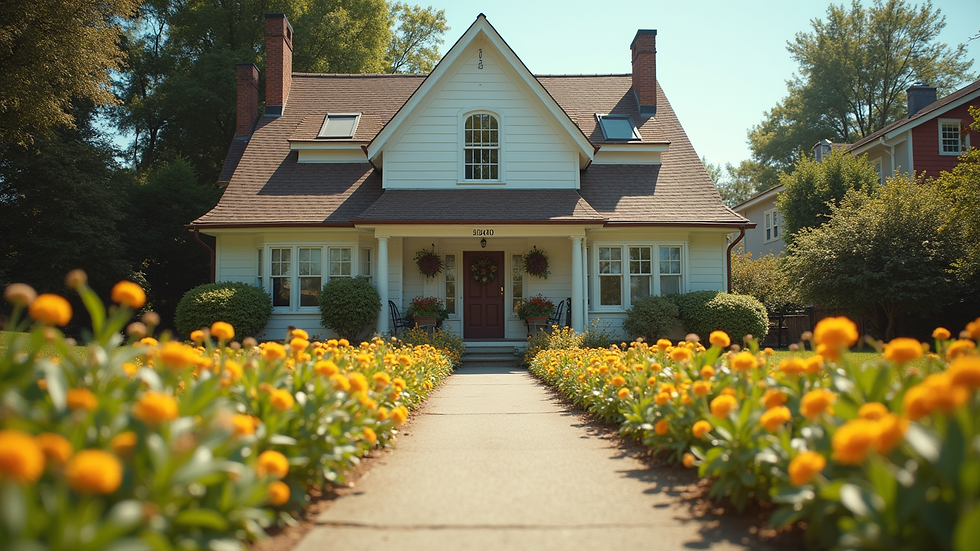 Eye-level view of a sorority house adorned with flowers