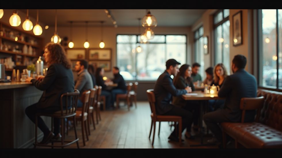 Eye-level view of a cozy coffee shop interior with people engaged in conversation