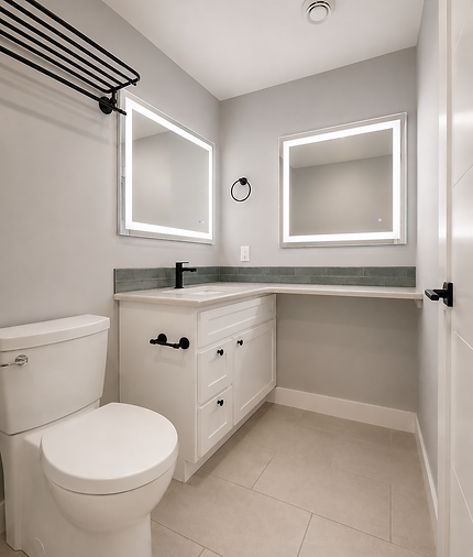 Bathroom remodel completed with new vanity, custom countertop, lighting, custom backsplash