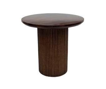 Round walnut pedestal event table rental with dark finish and timeless design