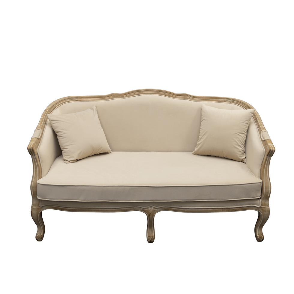 French provincial settee rental with beige upholstery and wood frame, perfect for vintage sweetheart tables or romantic weddi