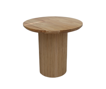 Natural oak pedestal table with rustic base and round wood top, ideal for sweetheart or welcome table setups