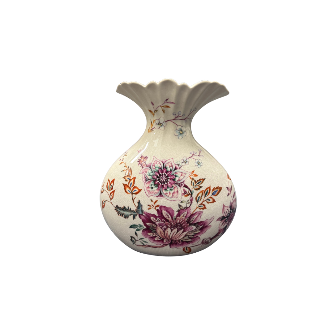 Porcelain scalloped vase rental with vintage floral pattern in plum and blush, perfect for wedding centerpieces or sweetheart