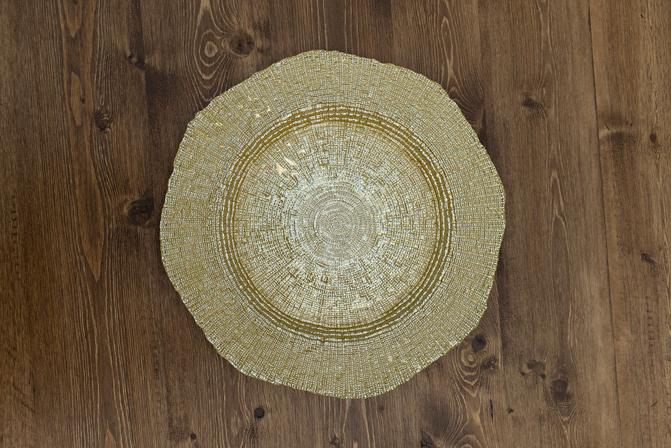 Gold mosaic pattern charger plate with concentric design and shimmering finish