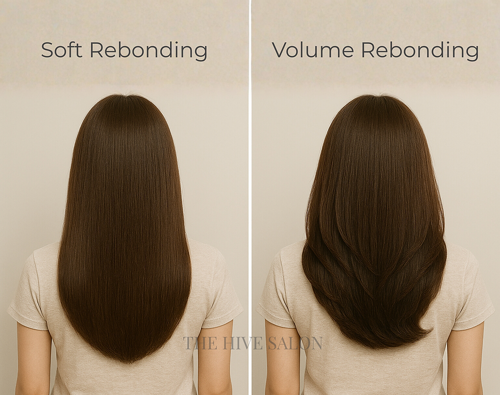 Two images compare soft and volume rebonding on long, brown hair. Left: smooth and straight. Right: layered and voluminous. Text included.