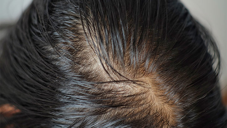 Close-up of a person's scalp with thinning dark hair, revealing a bald spot. The focus is on hair texture and scalp detail.