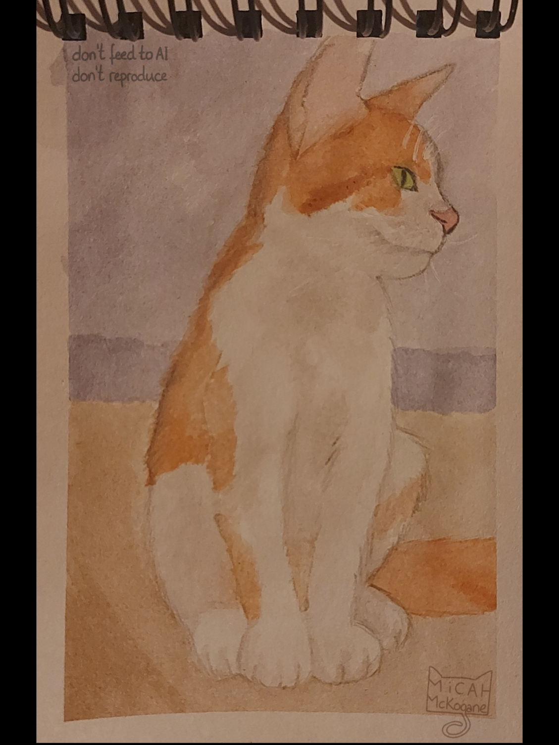 Watercolor illustration of Micah's cat Mikki as she looks to the side
