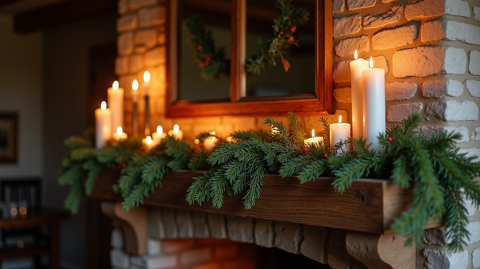 High angle view of a decorated rustic oak beam mantel with candles and greenery