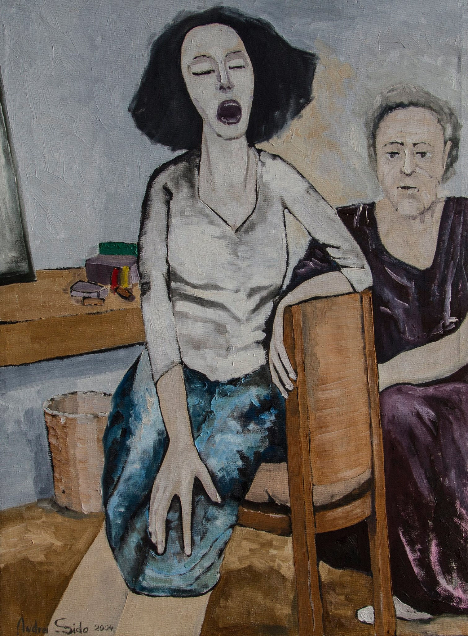 The painting depicts two women in a room, conveying contrasting emotions. One woman sits on a chair with her eyes closed and mouth open, as if she is screaming, singing, or overwhelmed by powerful feelings. She has dark hair and is dressed in a light top and a blue skirt. The second woman sits in the background, silently observing with an expression of fatigue or indifference. She is wearing a dark dress, and her face reflects deep inner turmoil or emptiness. The room's interior is simple, featuring a wooden table scattered with objects and a basket on the floor. The muted color palette accentuates the scene's tense and emotional atmosphere.