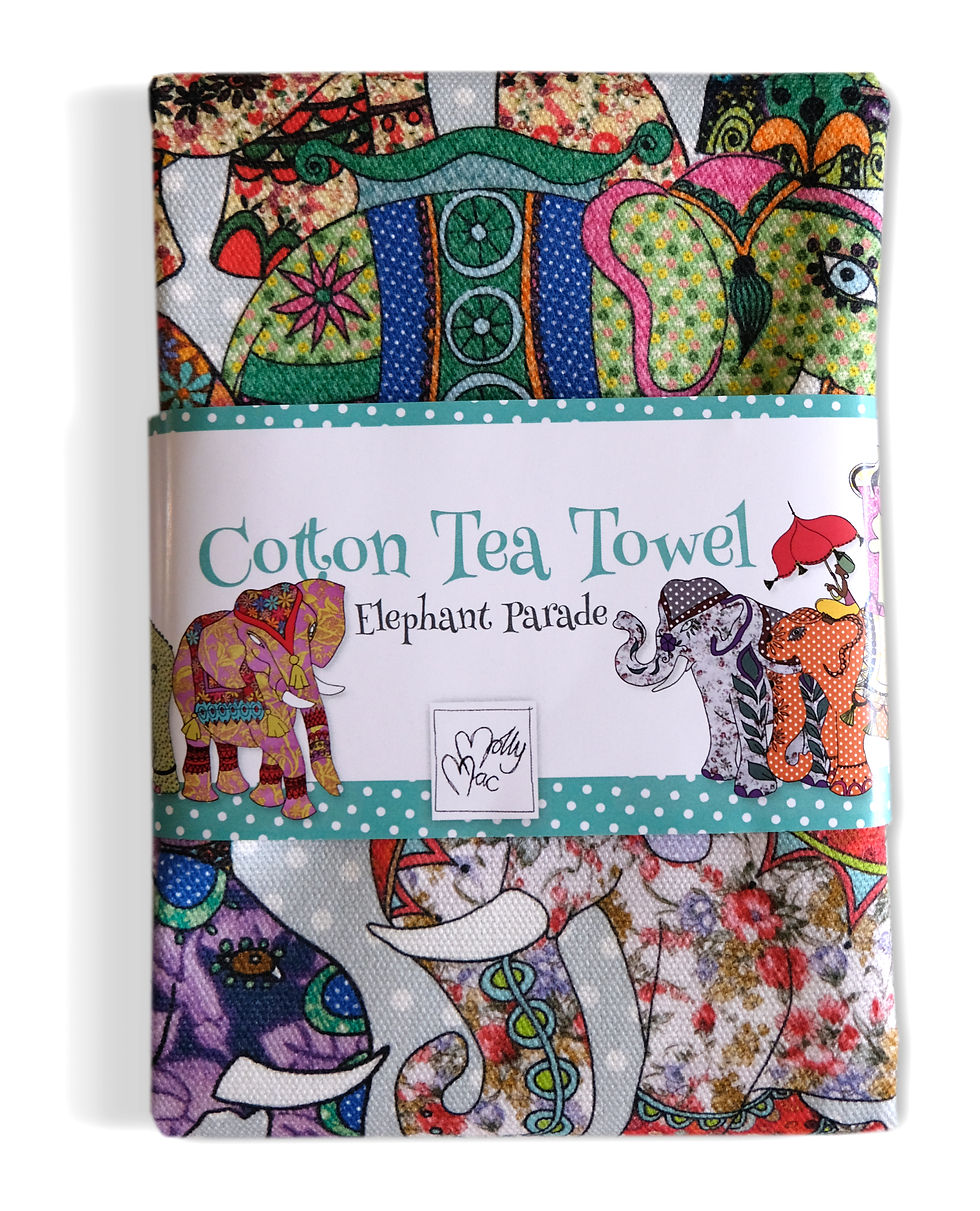 Thumbnail: Elephant teatowel, indian elephants, folded, colourful printed kitchen towel