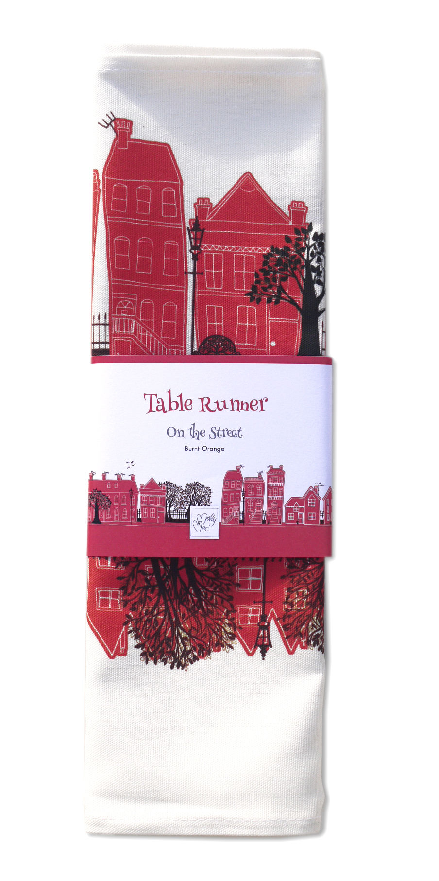 Miniaturbild: Crimson Table Runner, showing people and animals on a road, walking past houses and trees