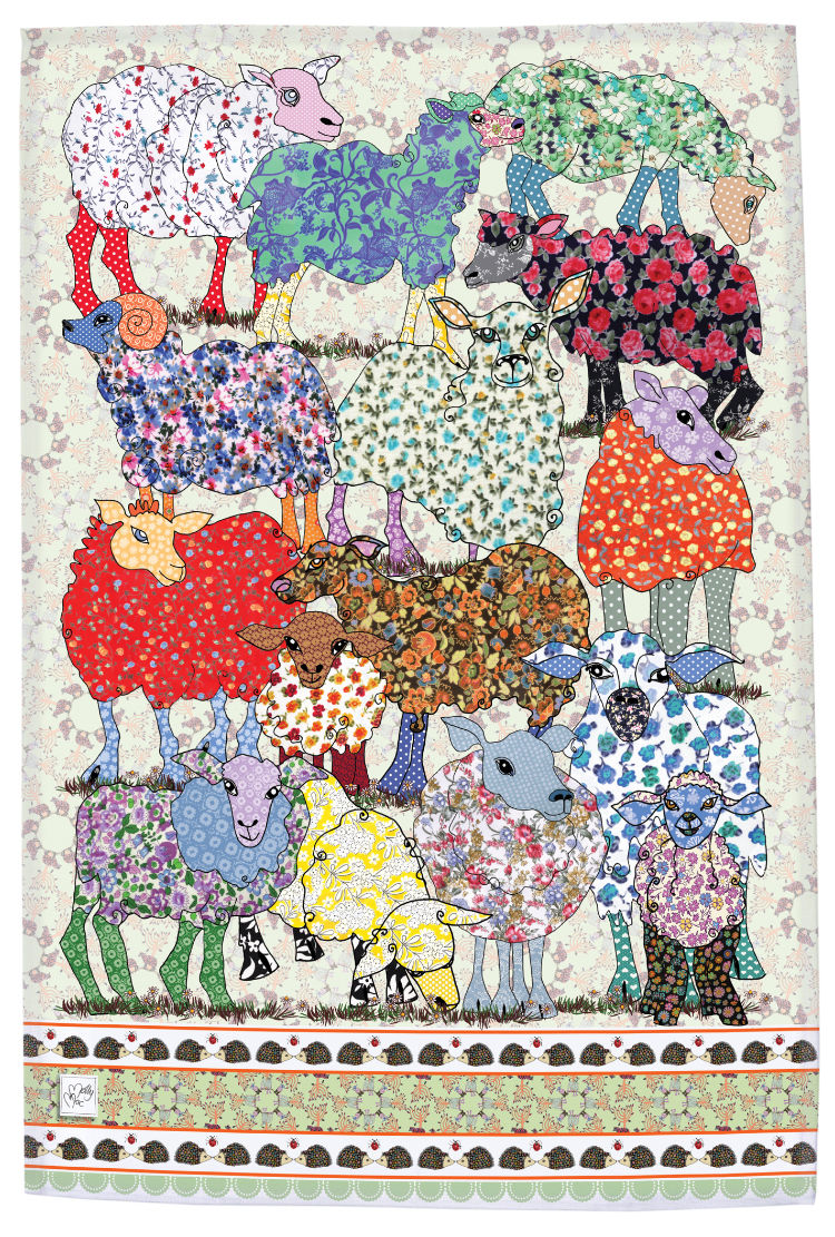Thumbnail: Sheep tea towel. Printed kitchen towel with sheep in a variety of patterns, vibrant and pretty