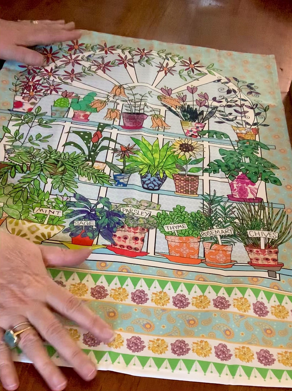 Miniaturbild: houseplants on shelves in front of an arched window, tea towel design for kitchen and home