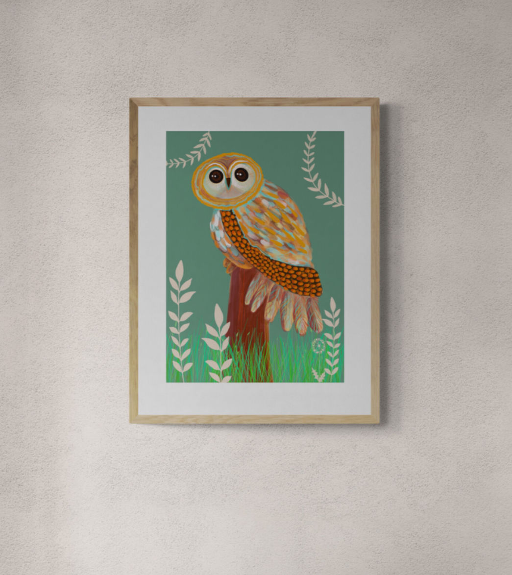 Tawny Owl Art Print, British wildlife wall art