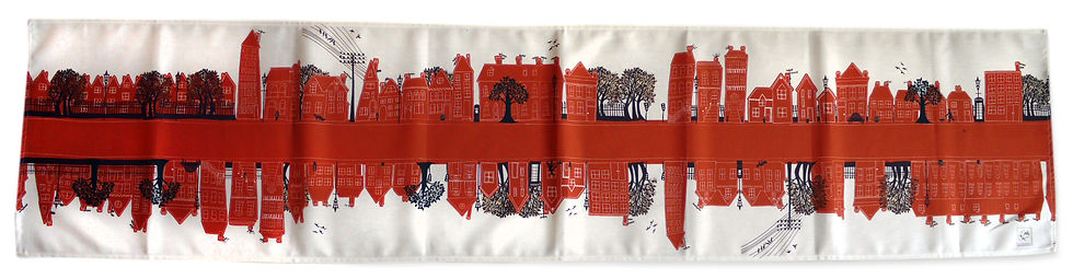 Miniature : Burnt Orange Table Runner, depicting homes, trees and people walking down the road