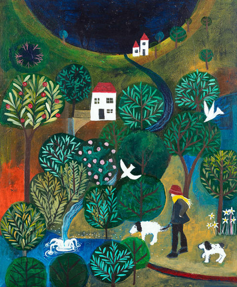 A decorative scene with trees and a stream and a small waterfall. A woman with two dogs wait by the pool of water. There are small houses and white birds.