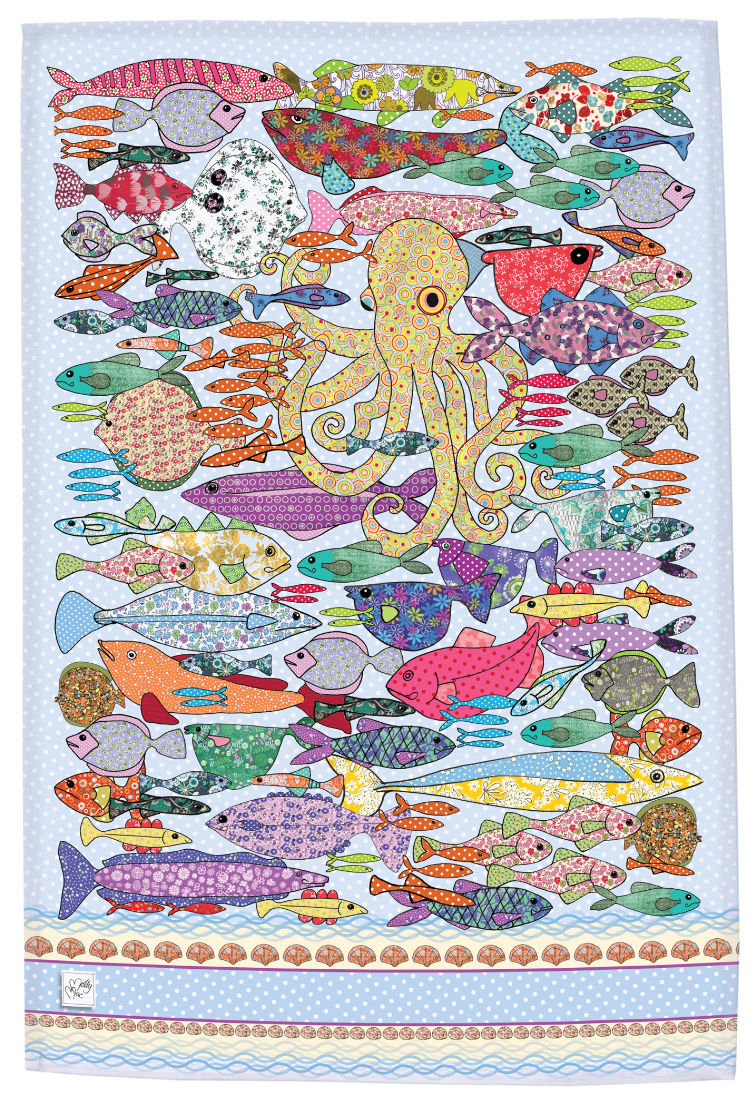 Miniature : Fish design by MollyMac, cotton printed kitchen towel - multi coloured with Octopus