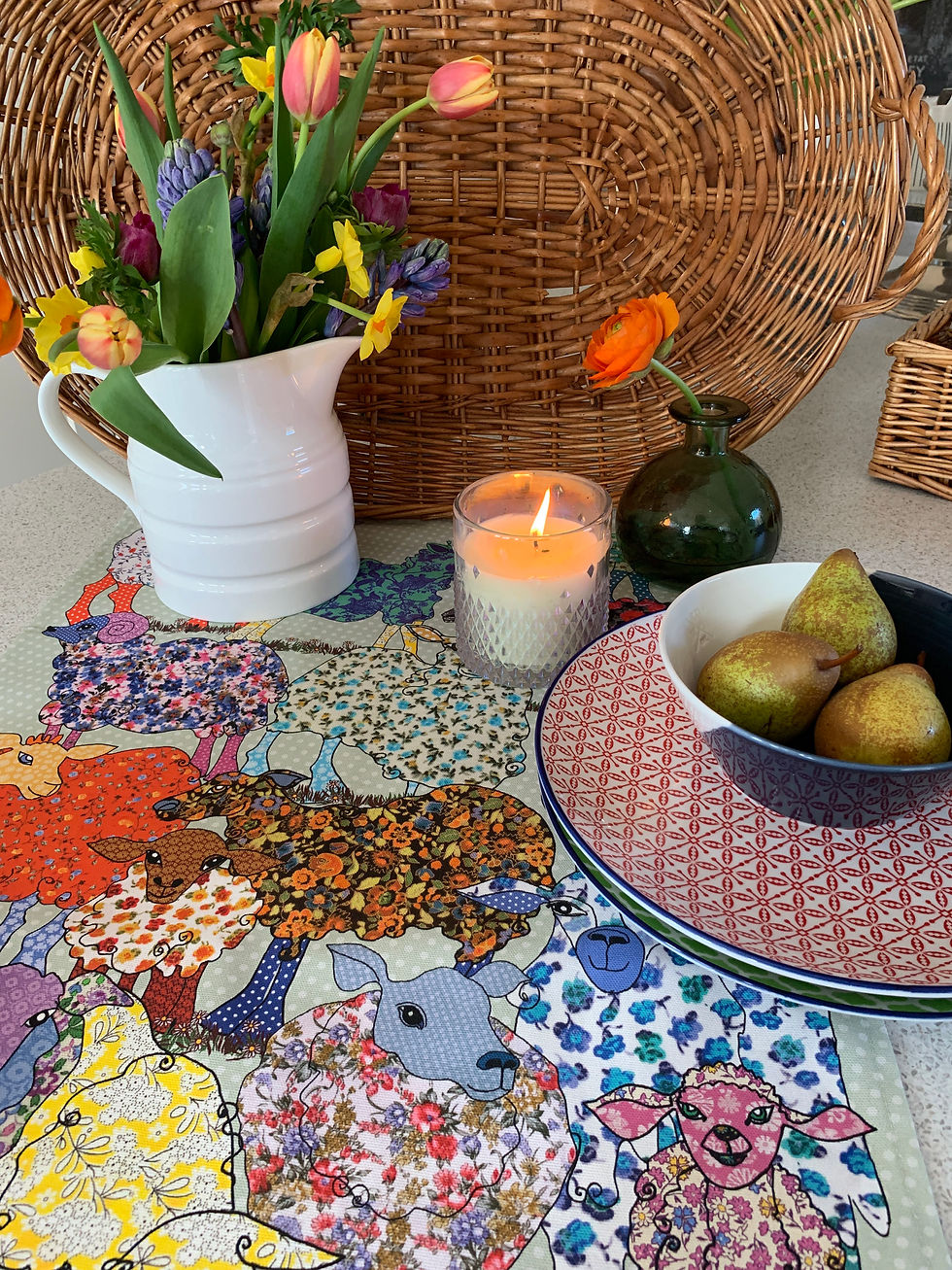 Miniaturbild: Sheep tea towel. Printed kitchen towel with sheep in a variety of patterns, vibrant and pretty