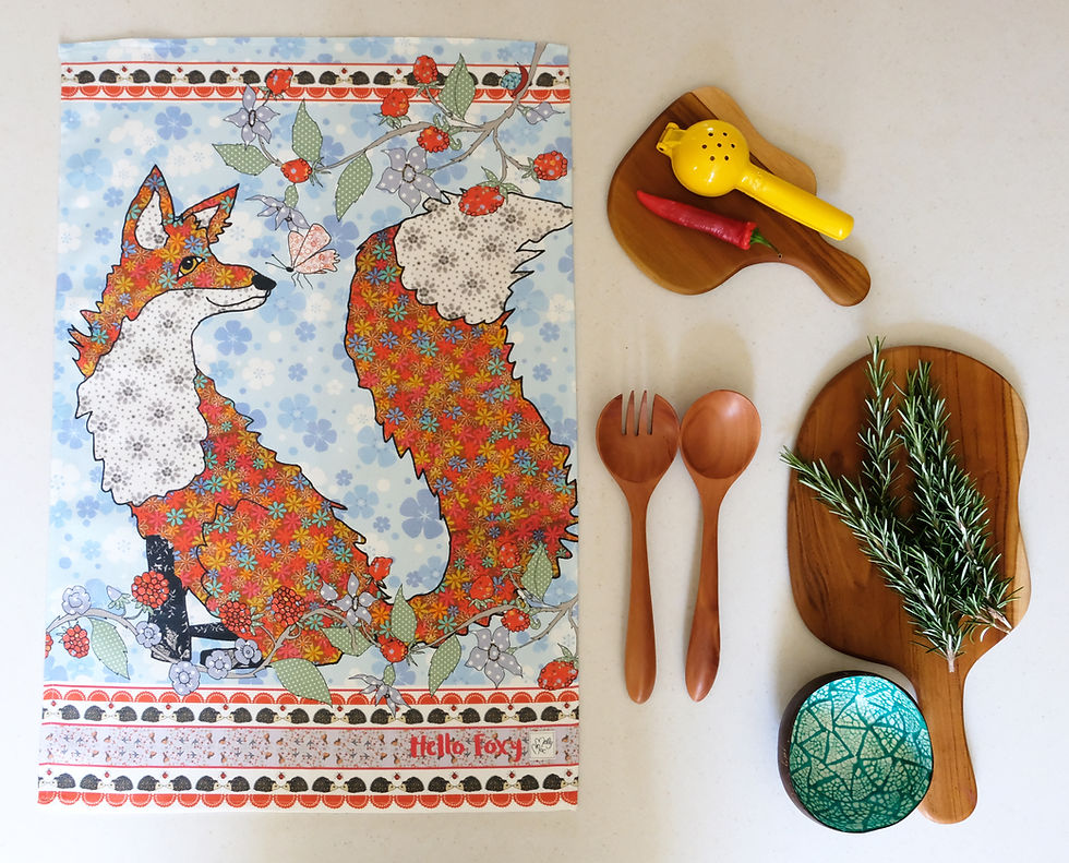 Thumbnail: MollyMac - Hello Foxy, Fox Tea Towel with raspberries and butterfly