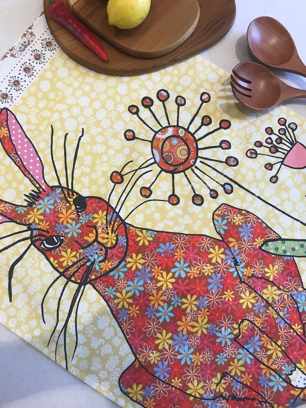 Thumbnail: rabbit tea towel with slogan 'Honey Bunny' rabbit kitchen towel