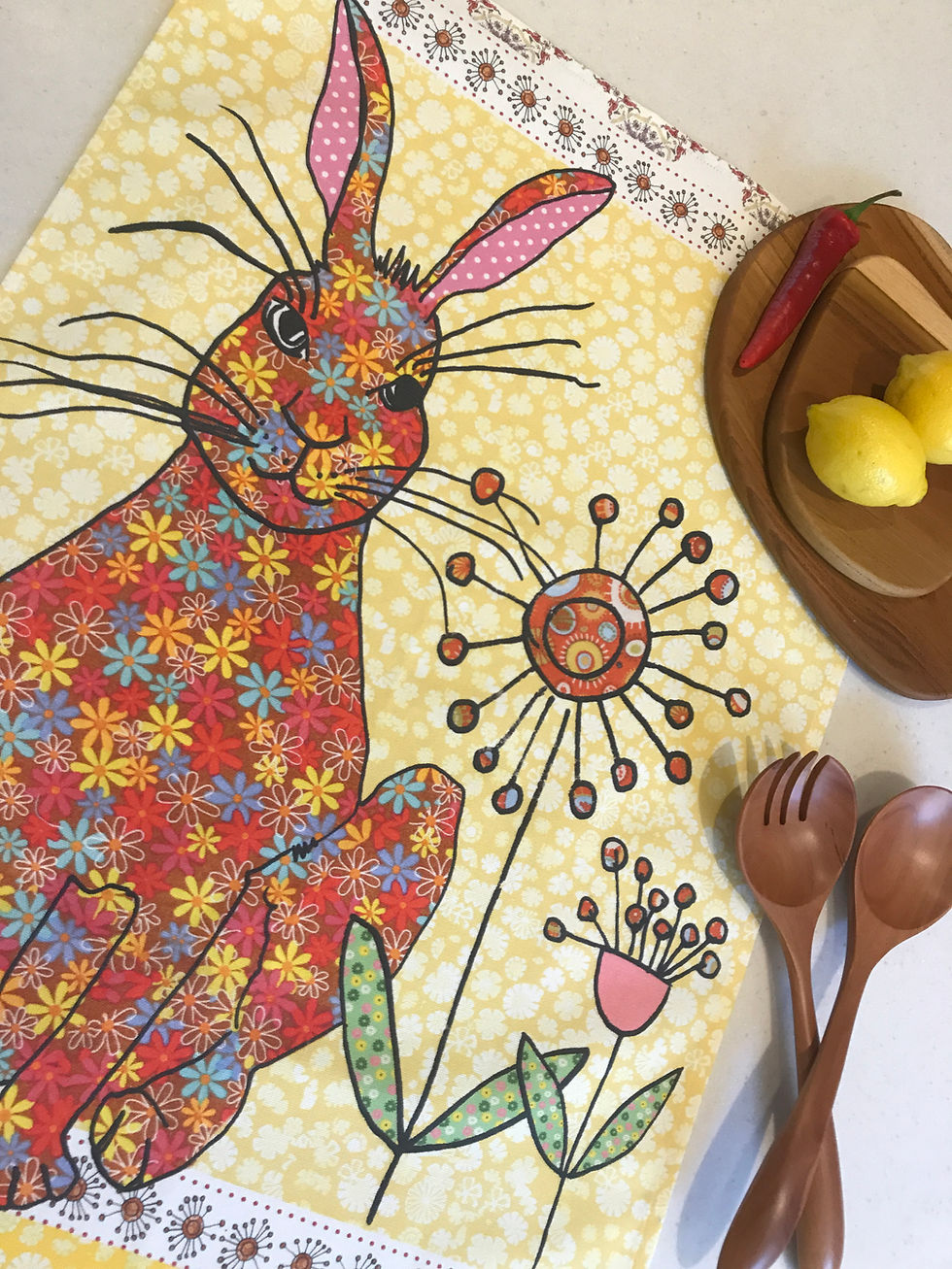 Thumbnail: rabbit tea towel with slogan 'Honey Bunny' rabbit kitchen towel