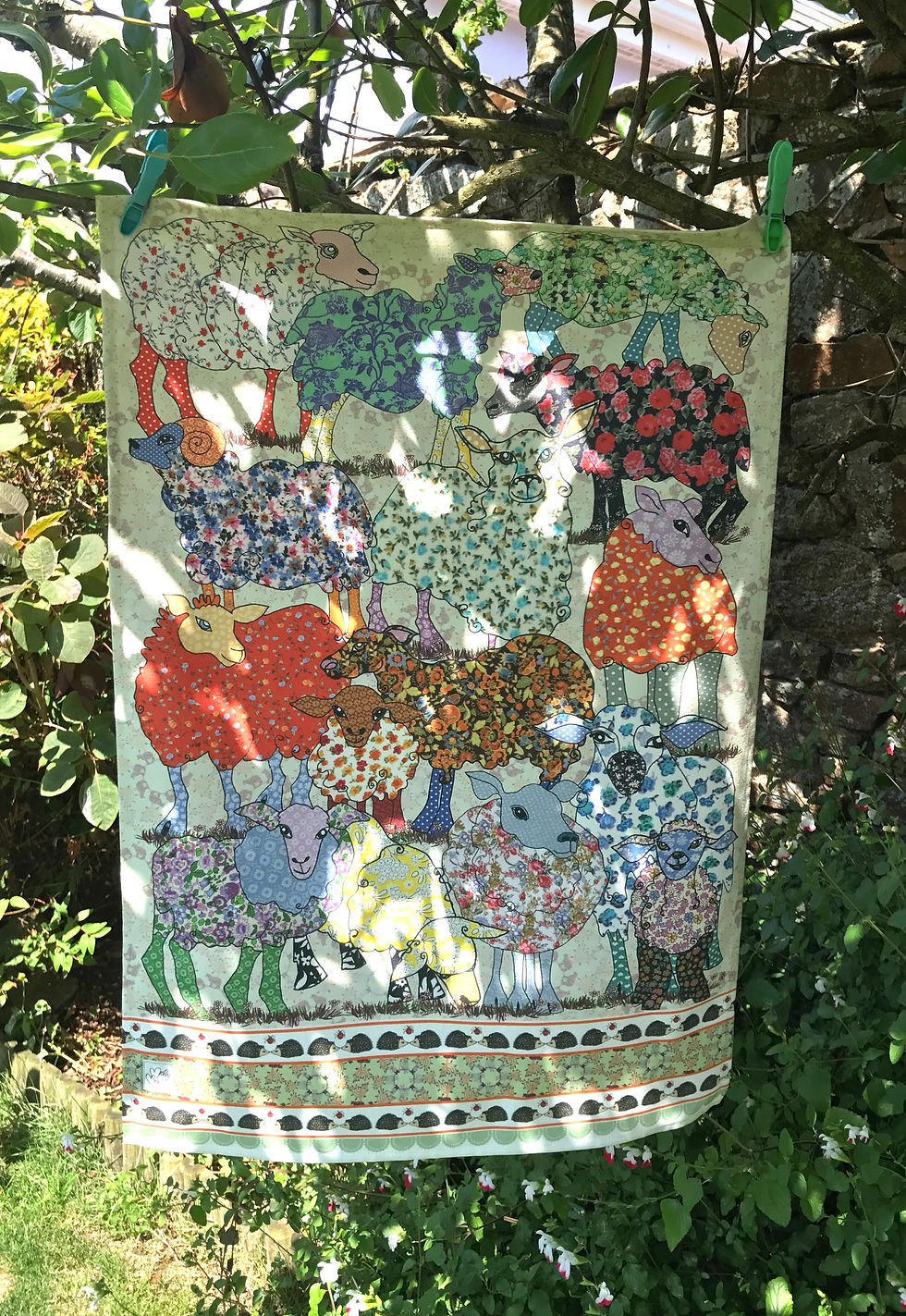 Thumbnail: Sheep tea towel. Printed kitchen towel with sheep in a variety of patterns, vibrant and pretty
