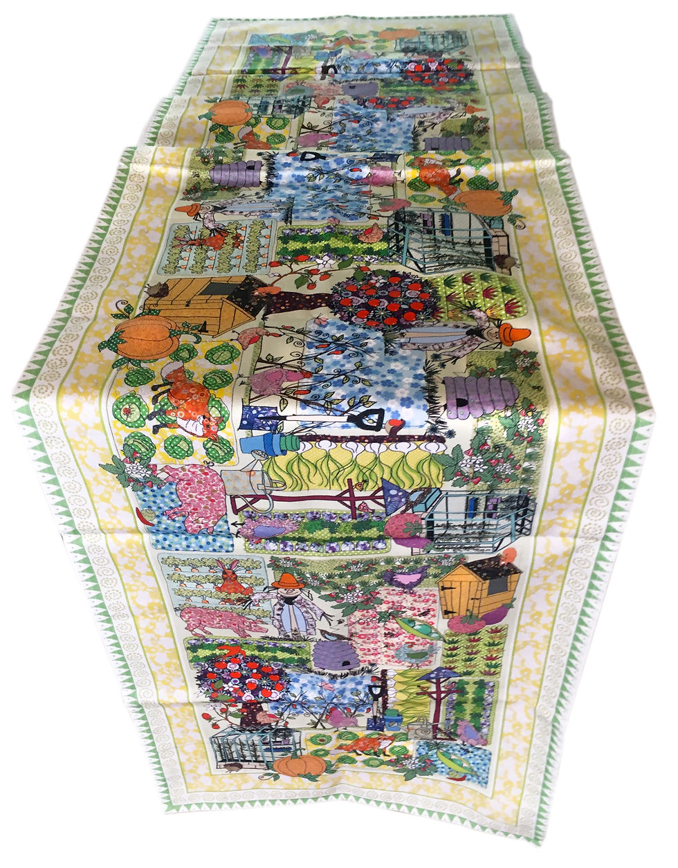 Thumbnail: Vegetable Garden design with vegetables, a scarecrow, hens, fox, beans and berries, a giant pumpkin on a 6ft table runner