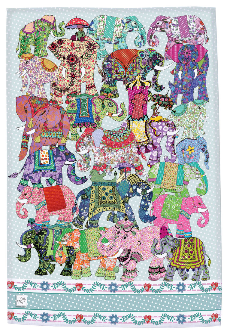 Thumbnail: Elephant teatowel, indian elephants, colourful printed kitchen towel