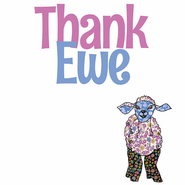 Thank Ewe greeting card, illustrated with a small lamb