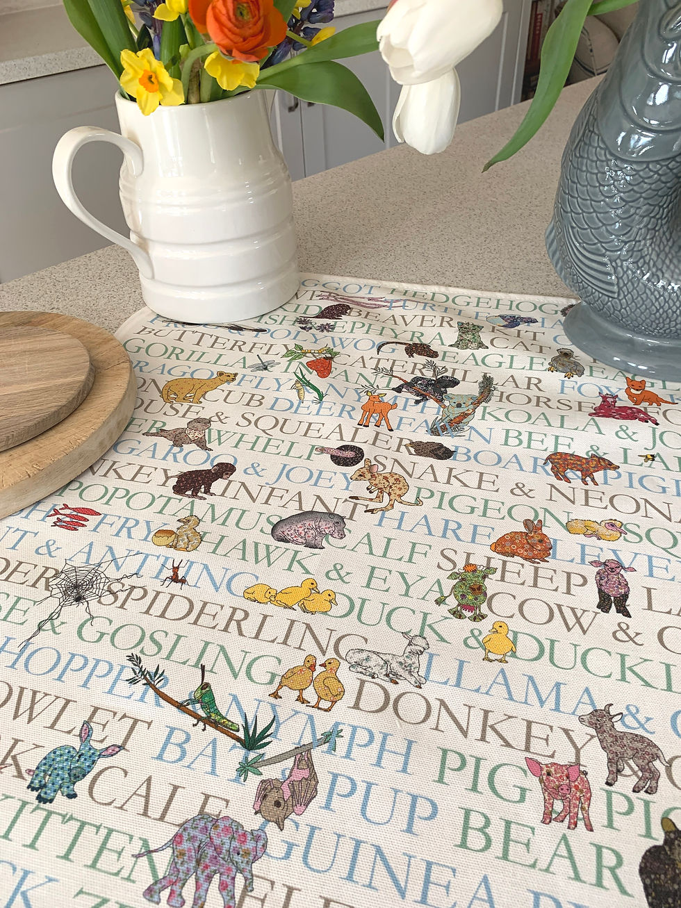 Thumbnail: Animal Baby Names Tea Towel illustration and text on a kitchen counter