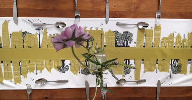 Miniature : English Mustard Yellow Table Runner, showing homes and houses along a road
