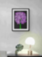 Large purple allium on a dark ground with a green stem on the wall