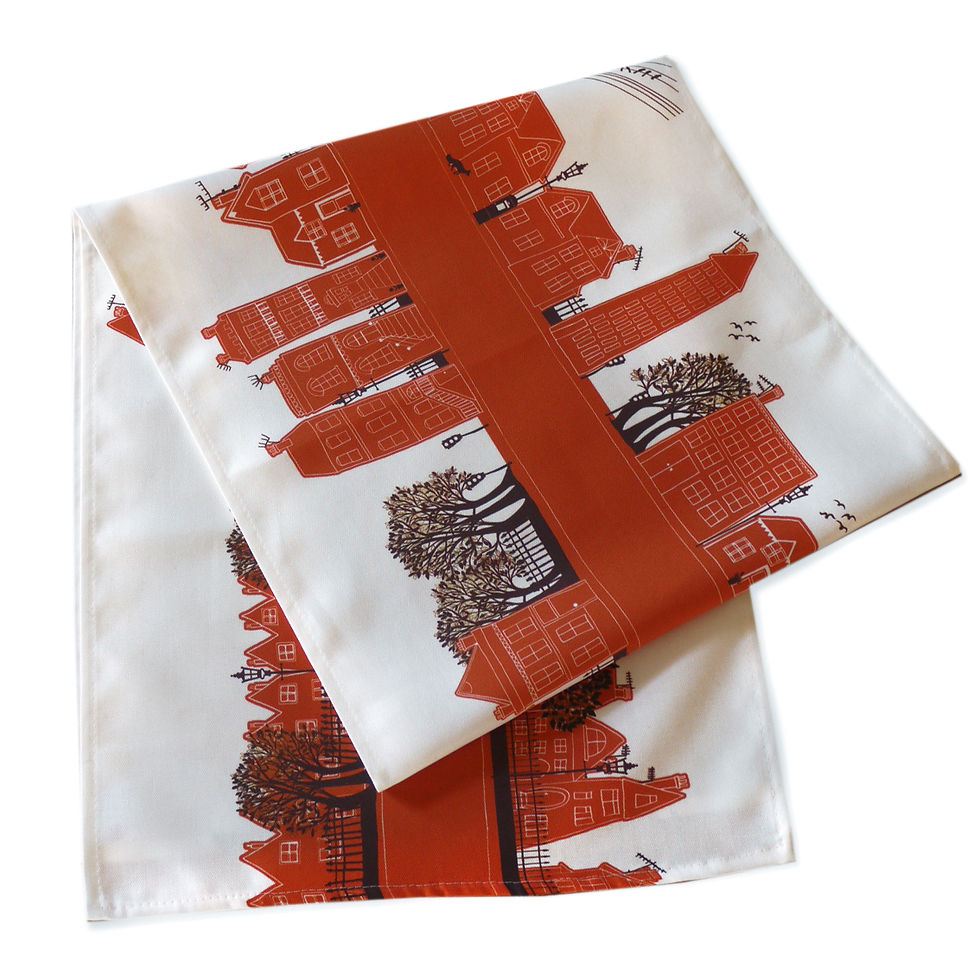 Miniature : Burnt Orange Table Runner, depicting homes, trees and people walking down the road
