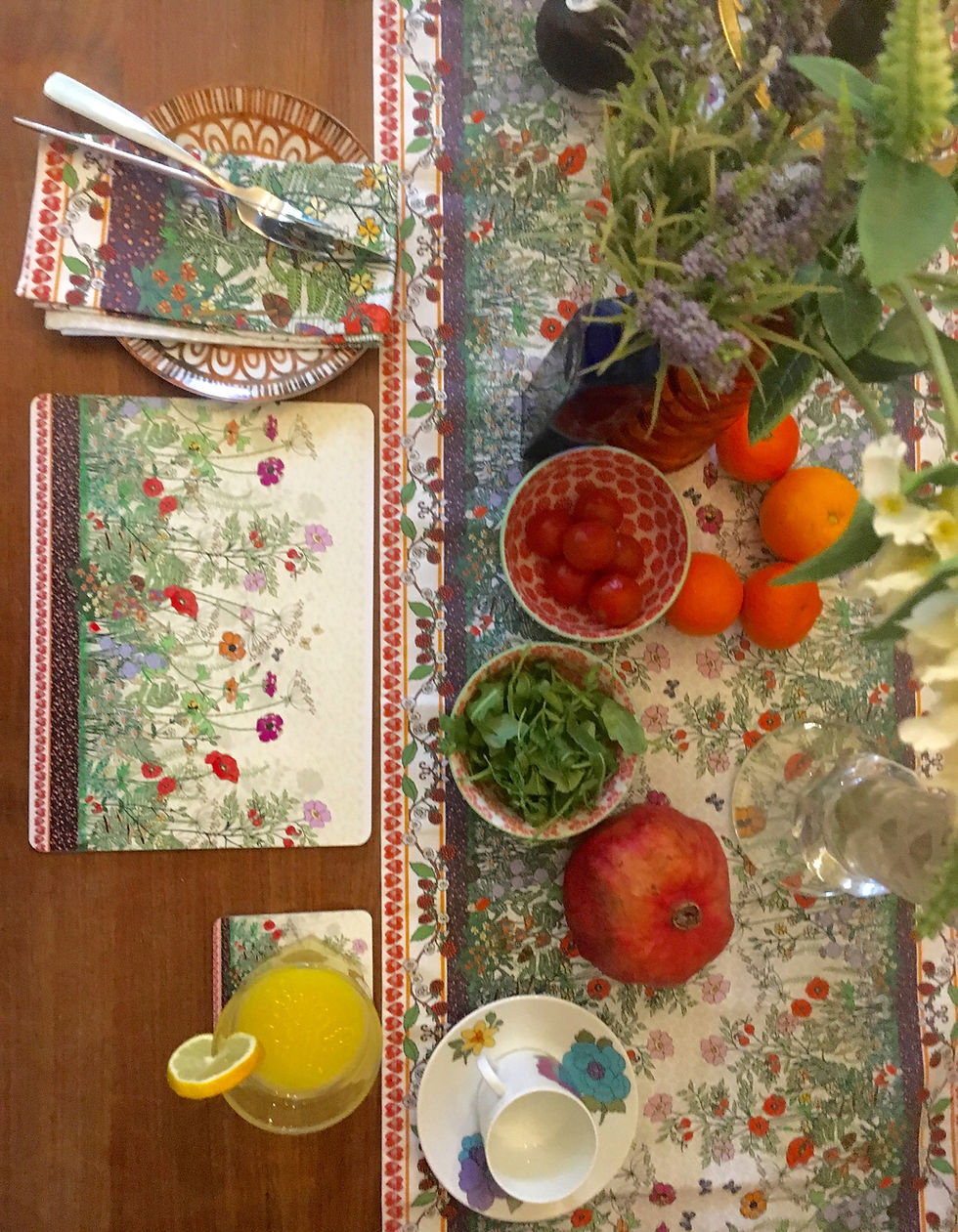 Thumbnail: Countryside Hedgerow design on a table runner, wildflowers , bees and hearts
