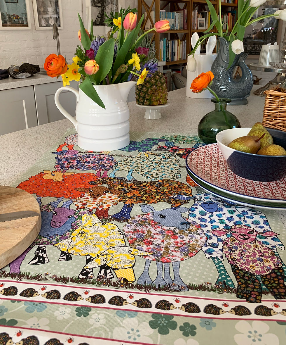Miniaturbild: Sheep tea towel. Printed kitchen towel with sheep in a variety of patterns, vibrant and pretty