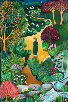 A garden landscape with flowers and trees has a path with a stream on the right of the painting.