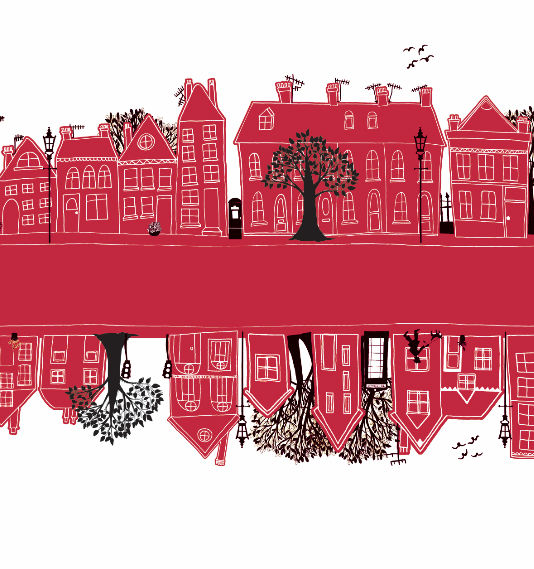 Miniaturbild: Crimson Table Runner, showing people and animals on a road, walking past houses and trees